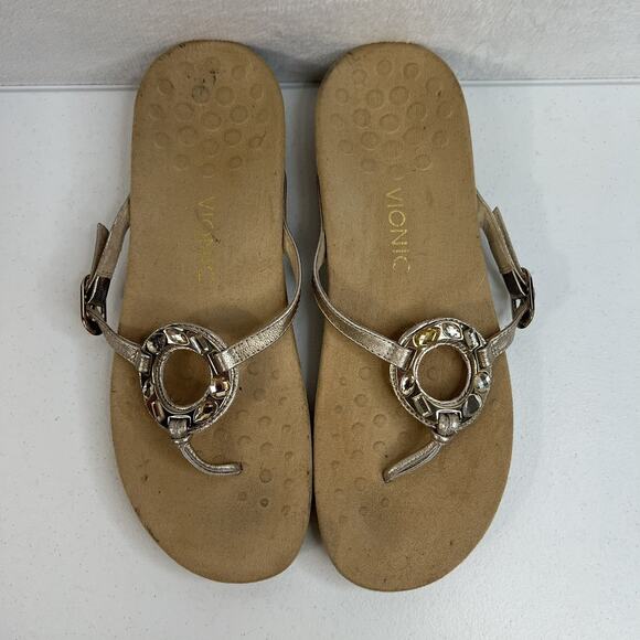 Vionic Size 10 Ricci Sandals Gold Metallic Jeweled Flip Flop Orthotic Leather - Picture 7 of 11